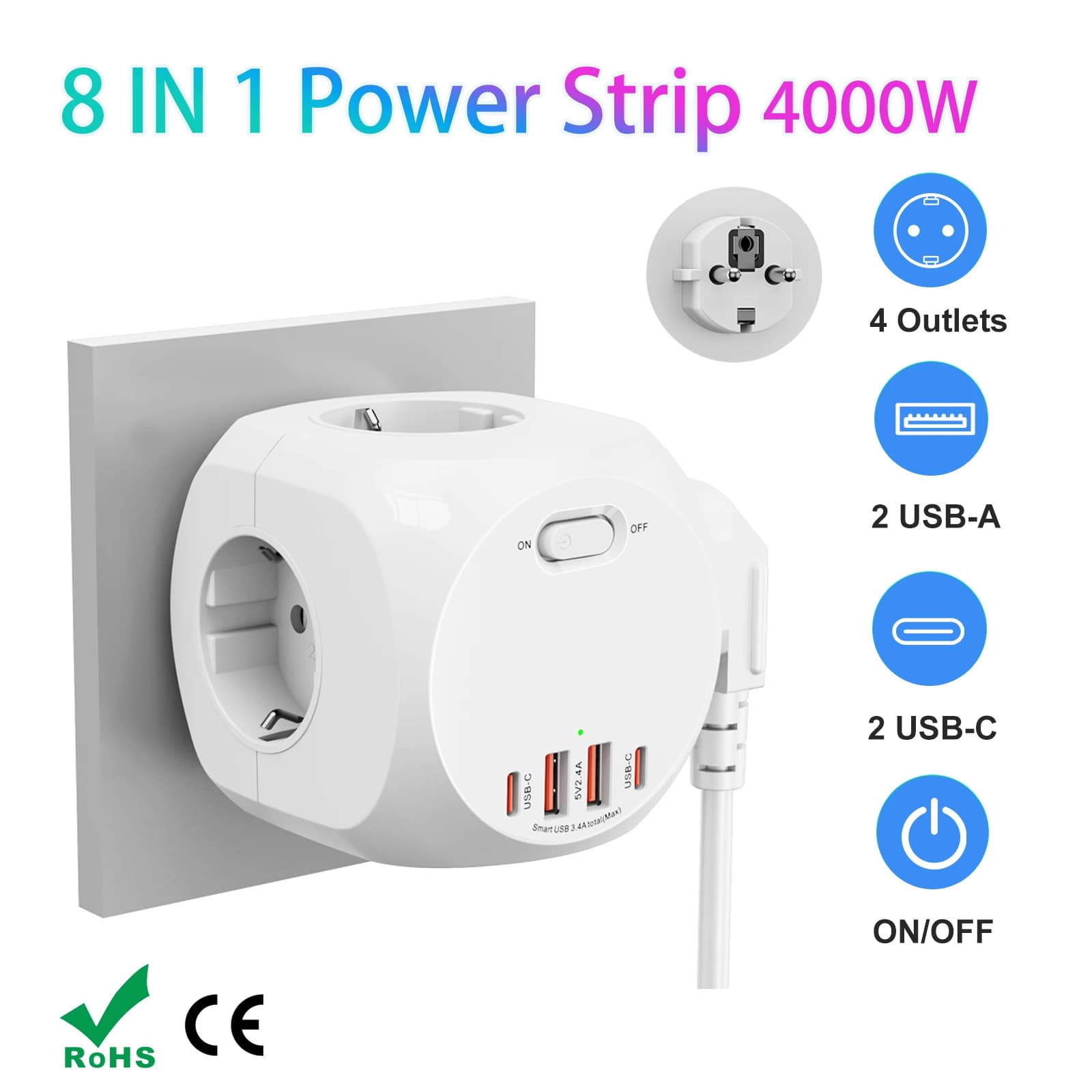 Cubo multipresa con spina europea da 4000 W con 4 prese 4 porte USB Adattatore europeo per prese multiple Interruttore ON/OFF per carica a muro per la casa