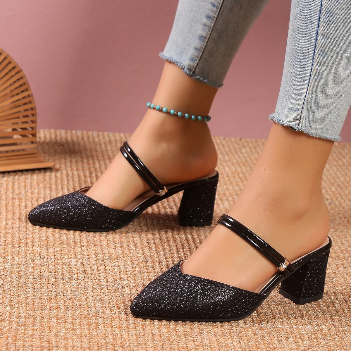Fashionable and Comfortable Sexy Banquet High Heel Slippers for Summer New Pointed Square Heel Light-mouthed Slippers for Women