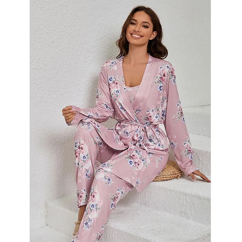 Autumn Cotton Robe Spaghetti Strap Slip Dress Pants 3 Piece Pajama Set Women Lounge Wear EU US