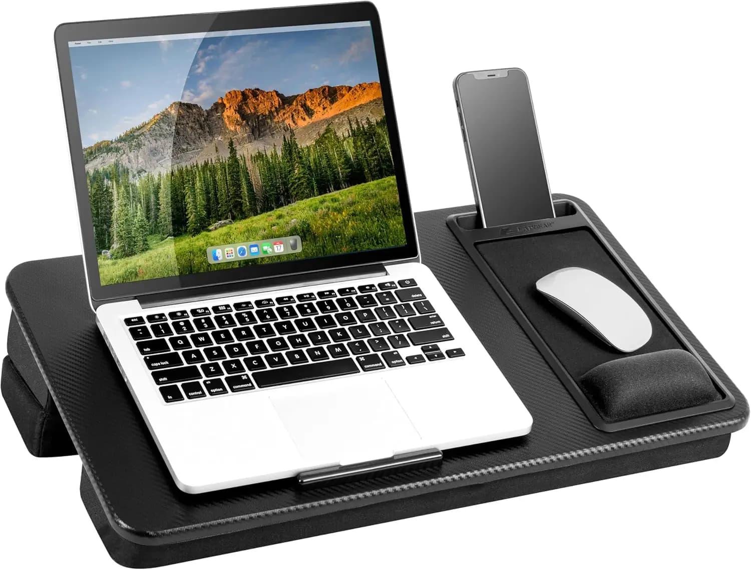 Grande scrivania da divano regolabile per laptop da 17,3 pollici, poggiapolsi in memory foam, tappetino per mouse e slot per telefono - Nero