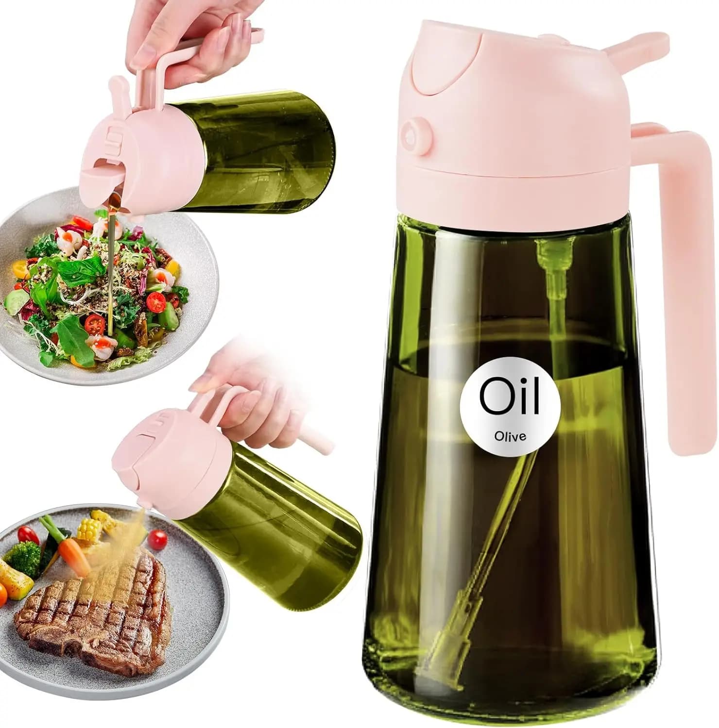Spruzzatore e Dispenser per Olio in Vetro Verde Scuro da 16oz, Utensile da Cucina 2-in-1 per Cucinare, Friggitrice ad Aria, Barbecue - Rosa Pesca