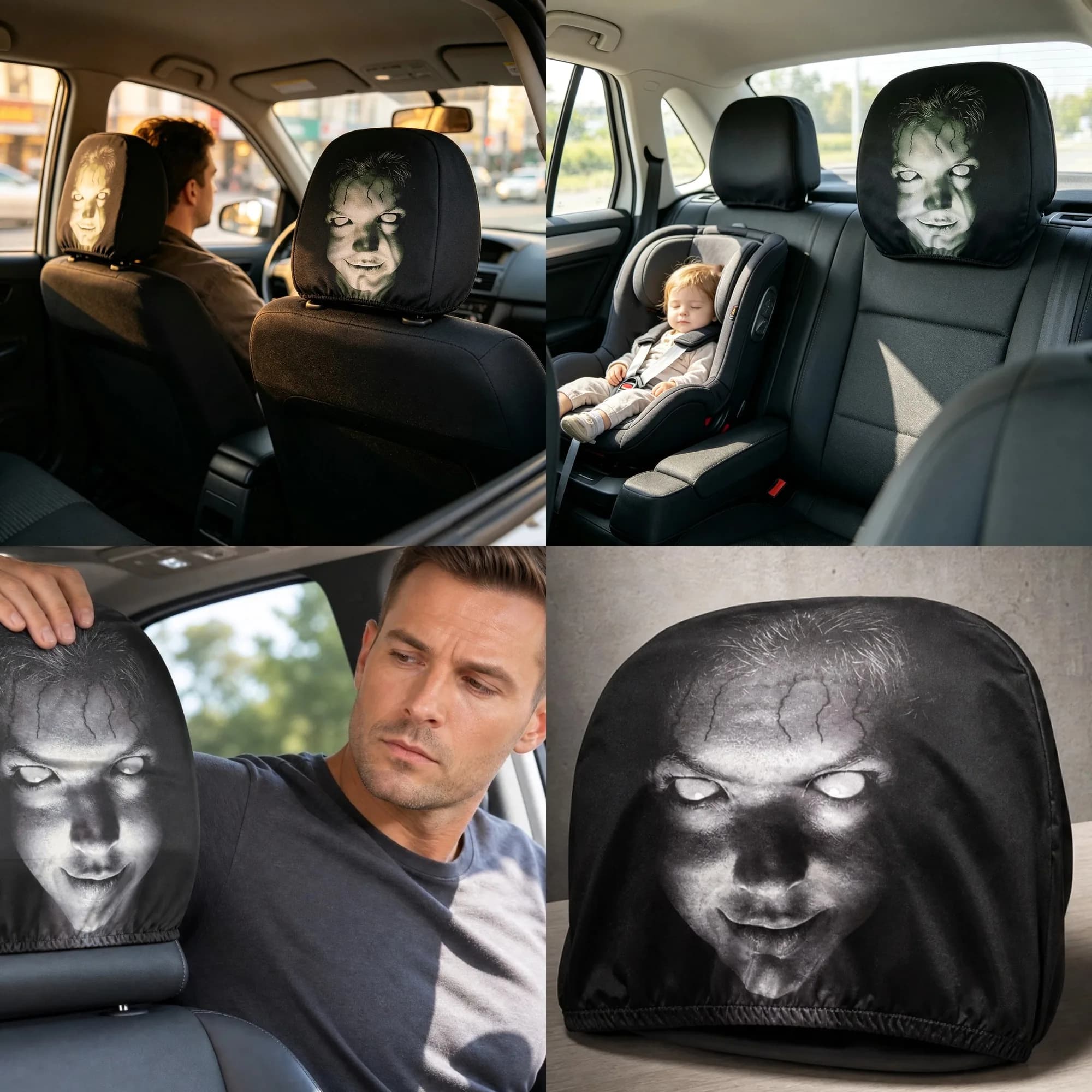 1-5PCS Universal Car Seat Cover Horror Design Car Headrest Covers Breathable Elastic Car Headrest Cover for Sedan, Truck, SUV