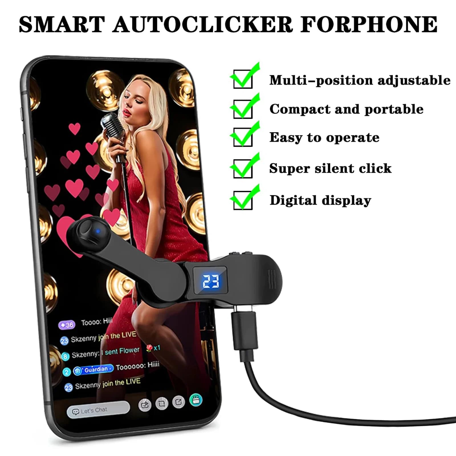 Automatic Clicker for Smartphone Screen, USB Gadget for App, Video and Live Streaming, Touch Simulator for Games on Smartphone, Tripod Tapper