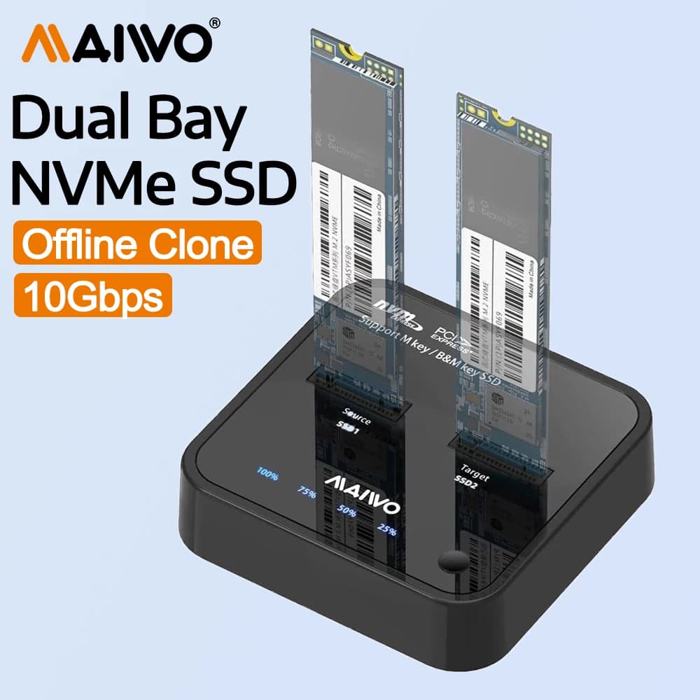 MAIWO Docking Station per SSD M.2 NVMe a Doppio Alloggiamento 10Gbps con Clonazione Offline, Adattatore USB 3.1 GEN2 a NVMe SSD con UASP