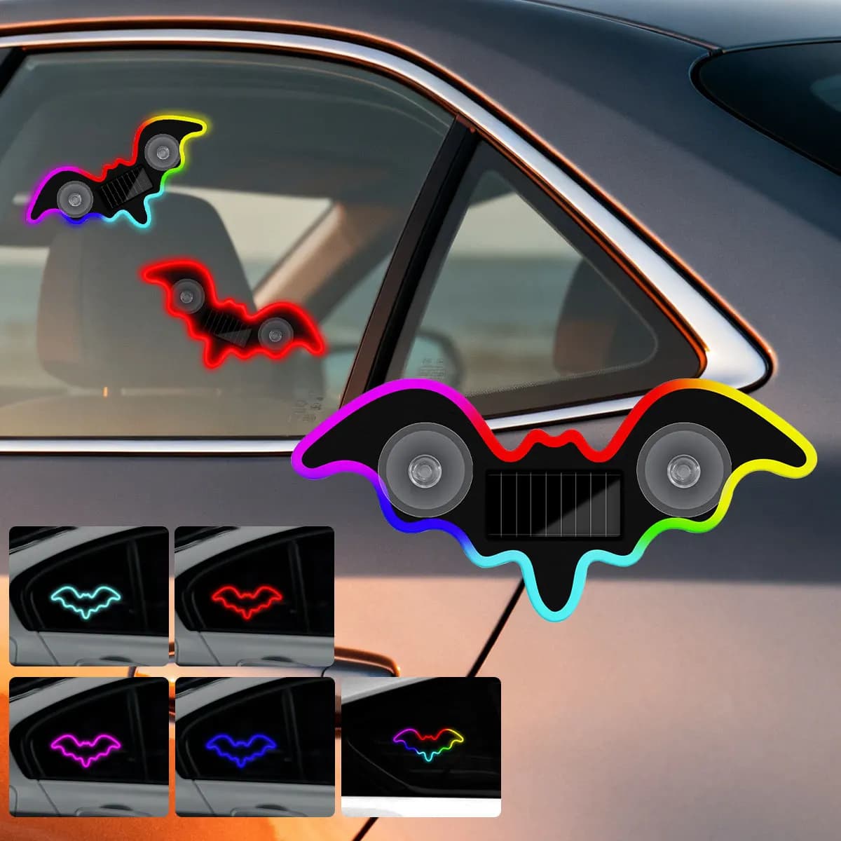 1 pz. Luce notturna a forma di pipistrello RGB a energia solare per finestrino auto, con ventosa, ricaricabile USB, per Halloween