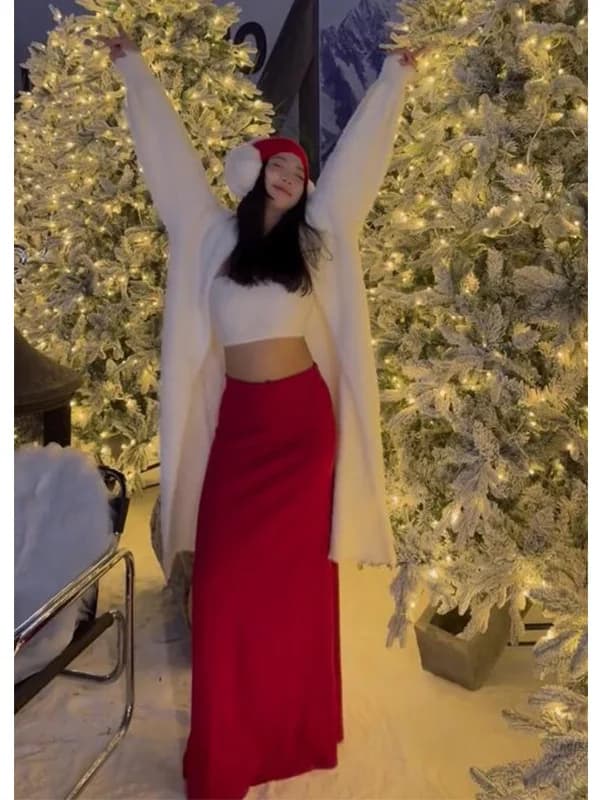 Elegante gonna natalizia a vita alta rosso vino, gonna lunga casual da donna, snellente, a mezza lunghezza, alla moda e versatile