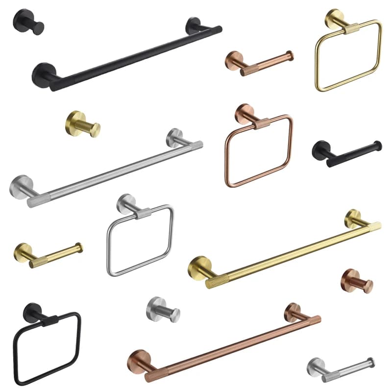 Brushed Rose Gold Stainless Steel Wall-Mounted Bathroom Accessories Set -Towel Stick Toilet Paper Holder Robe Hook Towel Ring