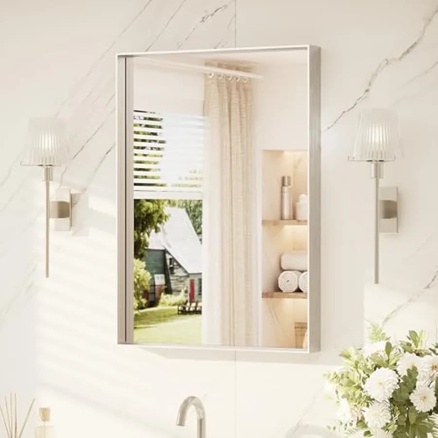 Specchio da Bagno 22" x 30" Specchio per Vanità da Appoggio Sopra il Lavabo in Vetro Temperato Moderno Stile Rustico Rettangolare con Cornice Specchi da Parete per Bagno