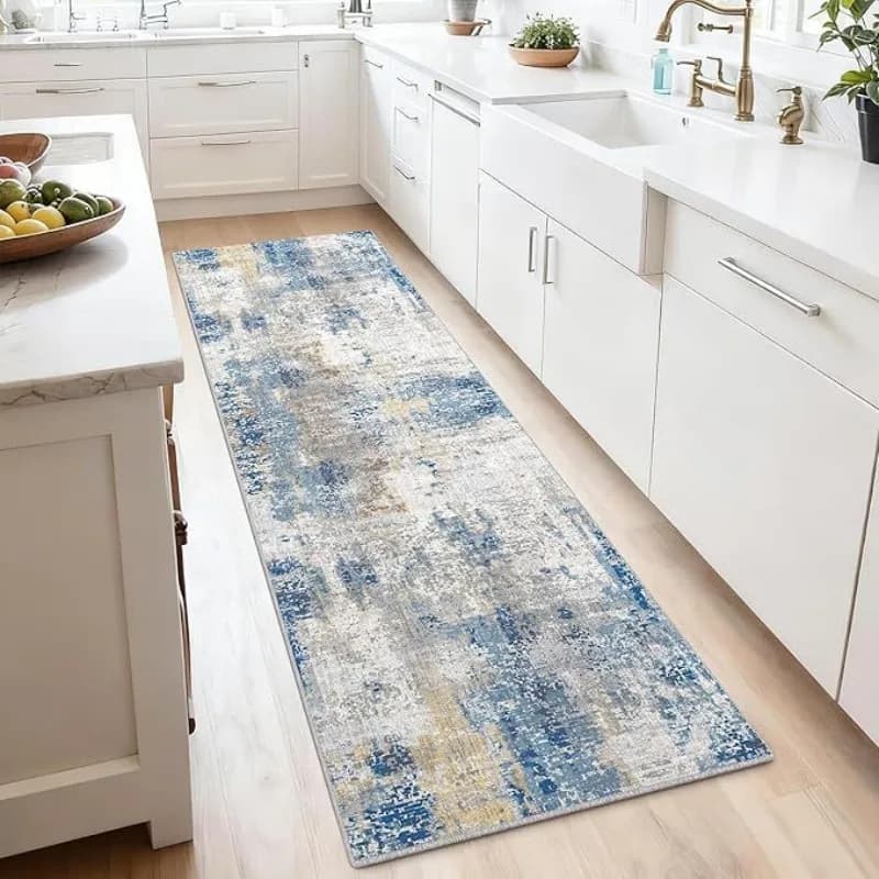 VIKAMA Tappeto moderno astratto blu giallo, lavabile, antiscivolo, per cucina, corridoio, camera da letto, tappeto per pavimento, decorazione per la casa