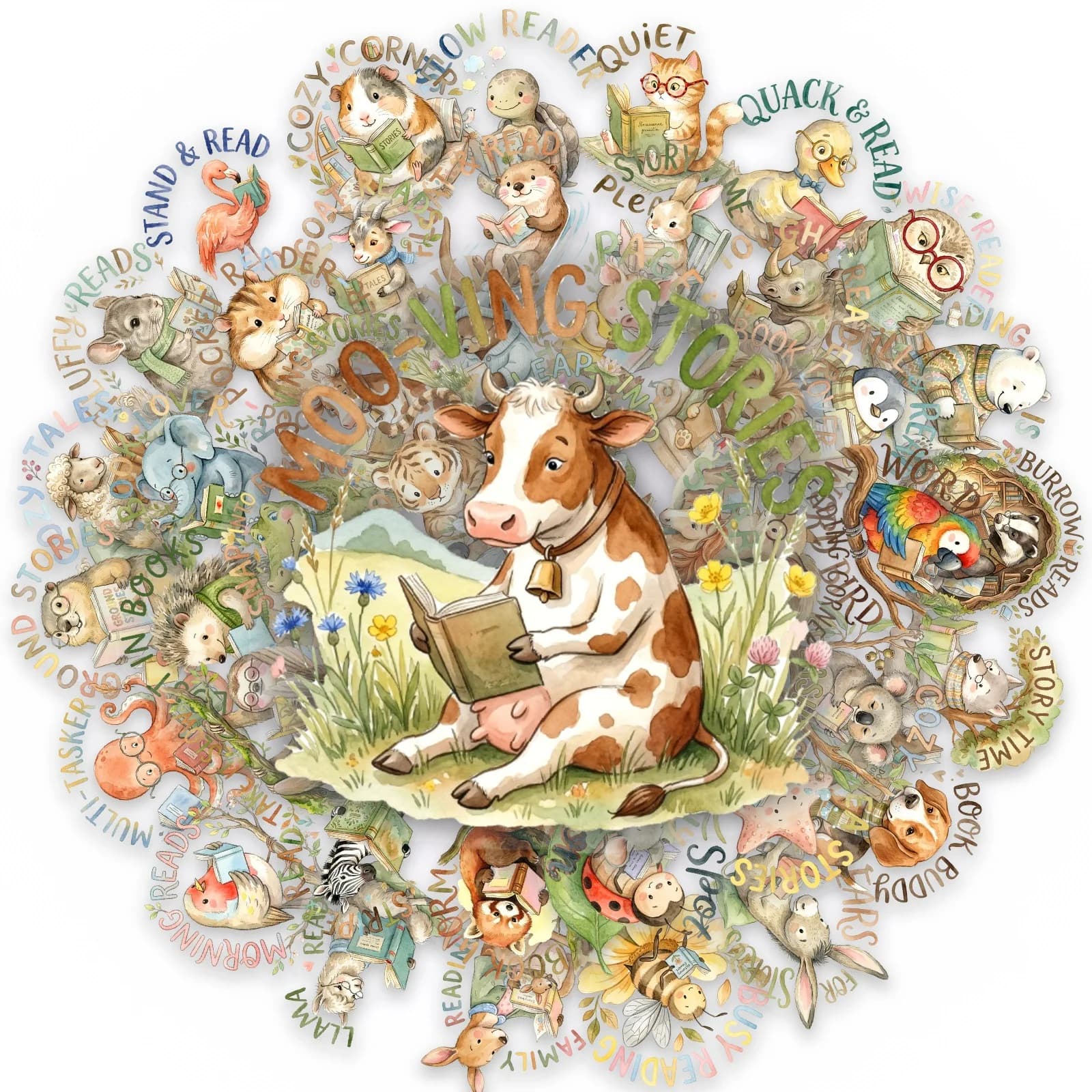 50 Pcs Watercolor Animal Reading Stickers Set DIY Student Scrapbook Phone Skate Helmet Scrapbook Cup Clear Waterproof Decals