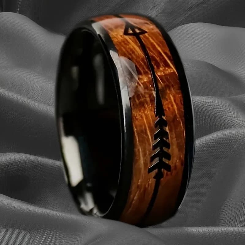 A Vintage Men's Black Stainless Steel Arrow Shaped Ring, Inlaid with A Koya Wood Ring, Wedding Ring Jewelry, Suitable for Wedding Anniversaries, Engagement Birthdays, and The Best Gift, Can Be Worn on Any Occasion
