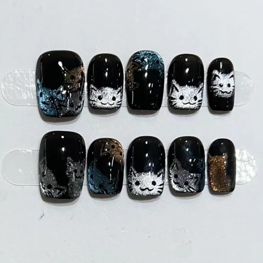 10 Piece Nails Total Covered Crafts with Glittered Design Black Cat Eye, Nails Court to Ballerina Wearable, Tips for Manicure