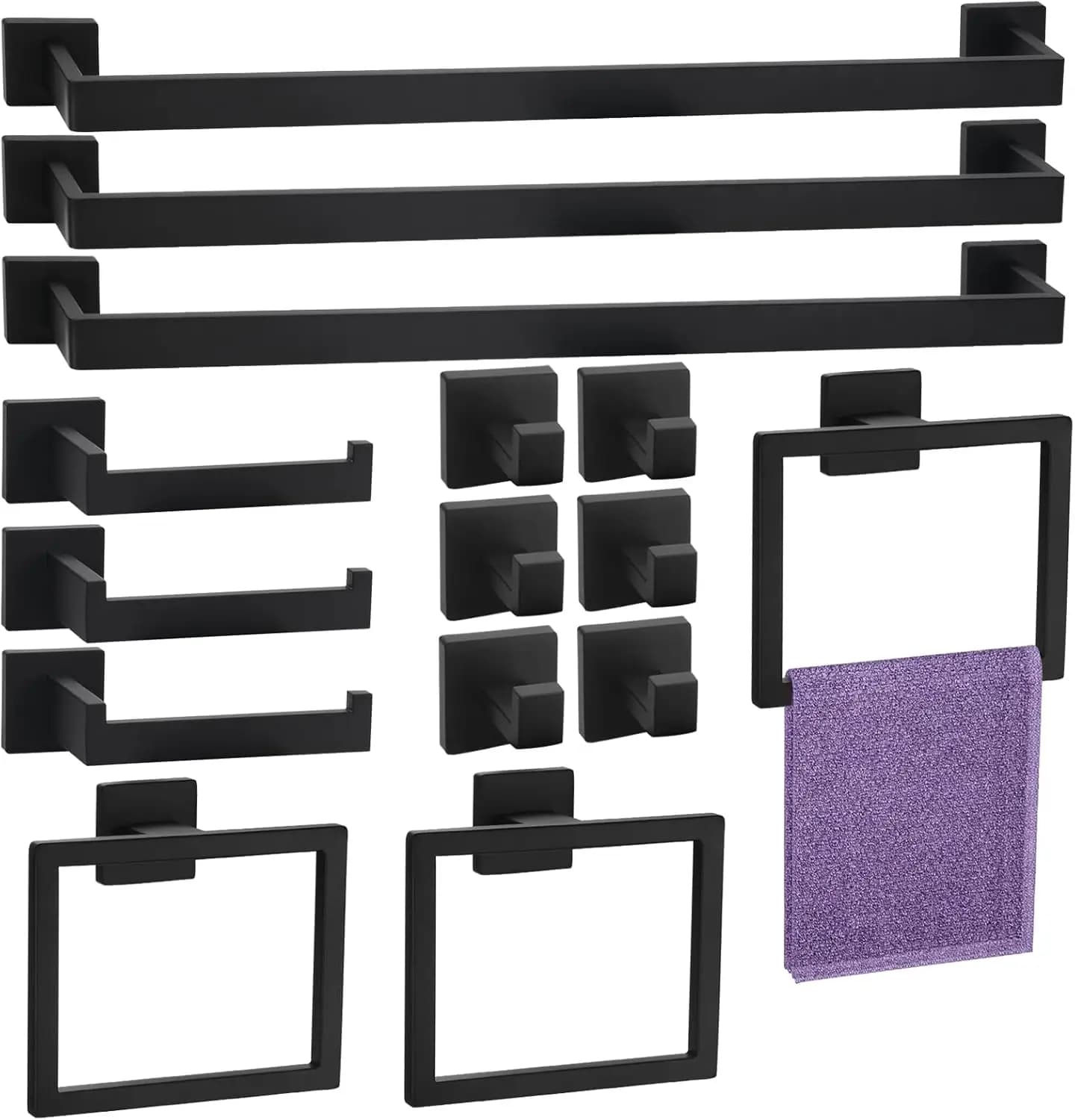 Set di accessori per bagno nero opaco da 15 pezzi con portasciugamani, barra, supporto, anello e gancio, in acciaio inossidabile da 23,6 pollici