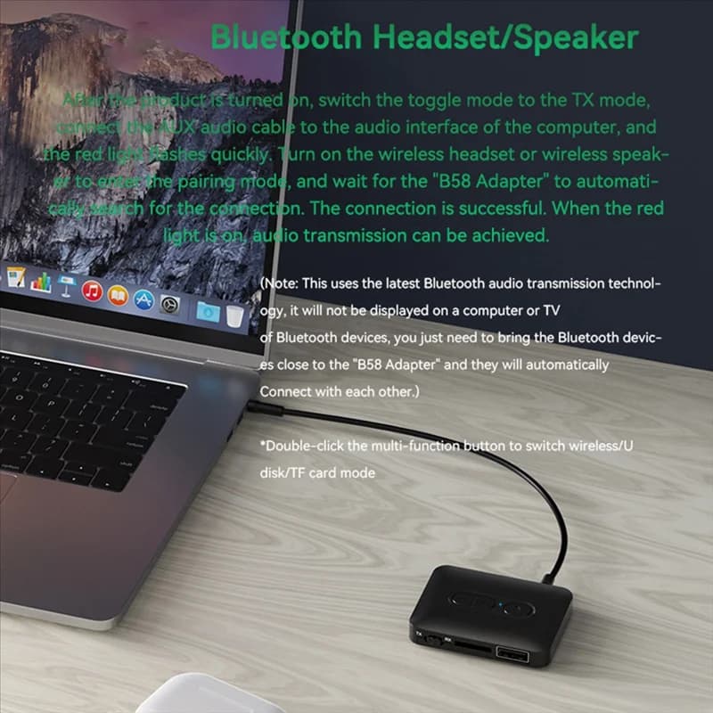 A86G-Bluetooth 5.4 Ricevitore audio Trasmettitore USB U-Disk TF Card Play Adattatore wireless per musica stereo AUX da 3,5 mm con microfono