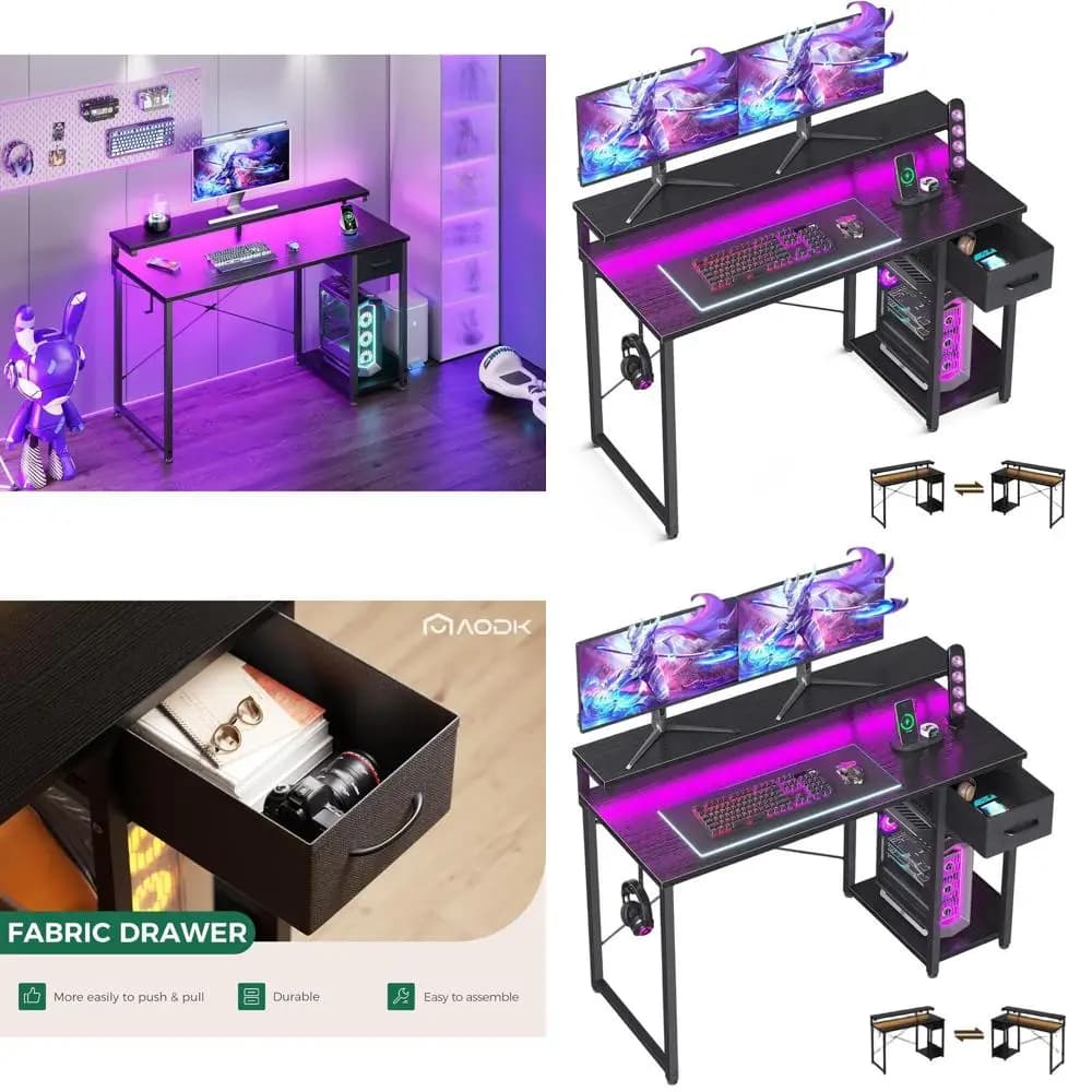Play desk with LED lights, 48 inch computer desk with drawers, small reversible desk with monitor support and headphone hook for H