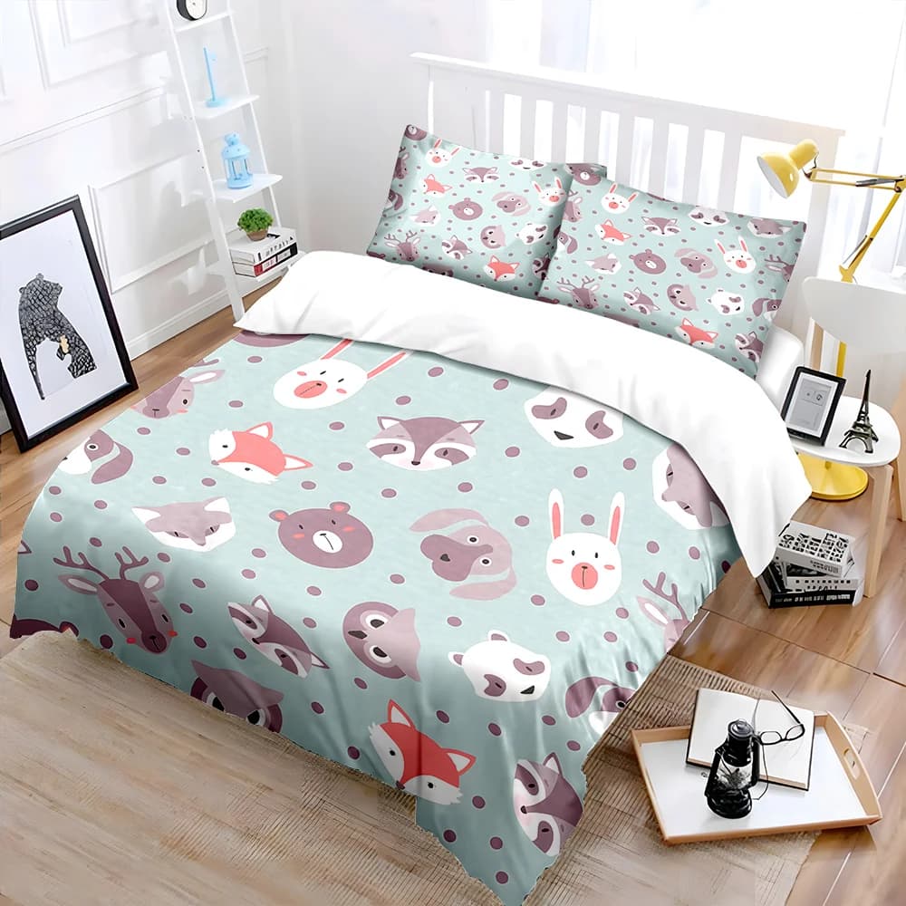 Set di biancheria da letto con stampa di simpatici animali della foresta in stile cartone animato, 1 copripiumino e 2 federe per adulti e bambini, regalo di lusso, misura completa.