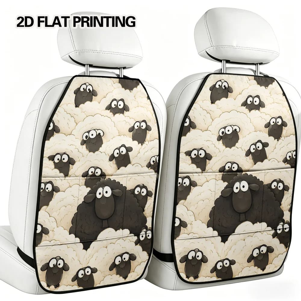 2D Flat, 2pcs Quirky Black Sheep Cluster Trendy Car Seat Back Kick Mats, Rear Seat Ornament, Storage Organizer, Car Organizer Ba
