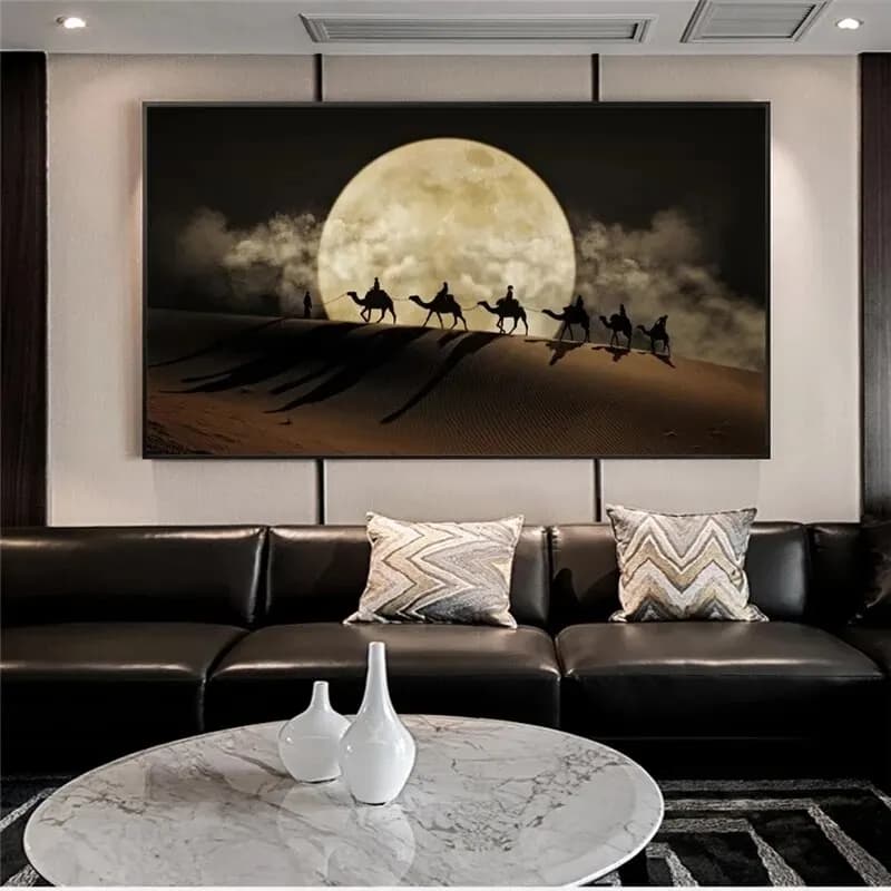 Desert Moon Night Scene Canvas Painting Camel in Desert Wall Art Decor Landscape Posters Prints for Home