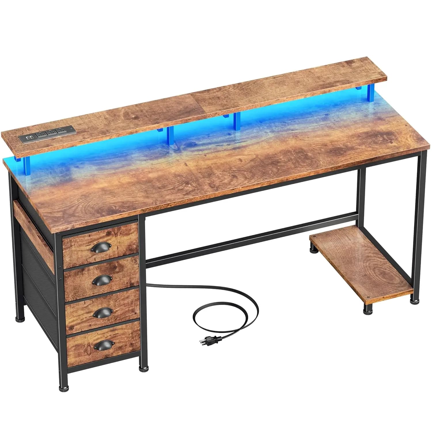 55 Inch Reversible Computer Desk with Current Clamps, LED Lights, Monitor Support, 4 Drawers, for Home Office and Studio, Customizable Rustic Style