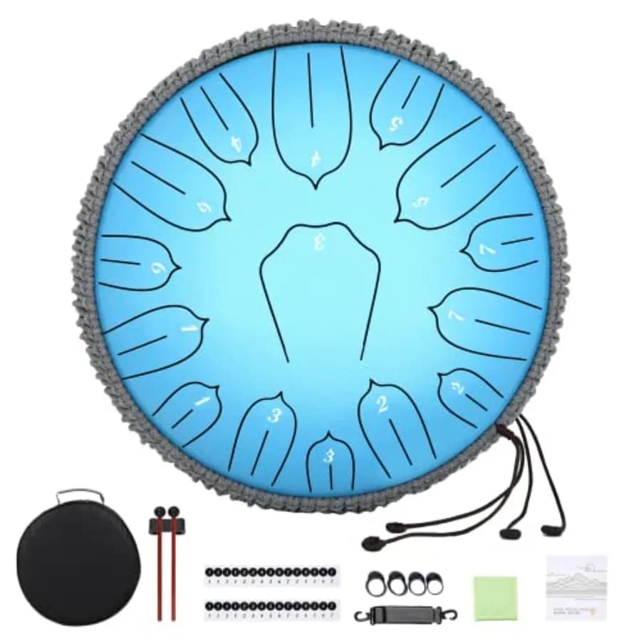 Tongue Drum in Acciaio da 12 Pollici, 15 Note, Blu, Set Handpan con Bacchette, Libro Musicale e Borsa per il Trasporto, per Adulti, Educazione Musicale, Meditazione