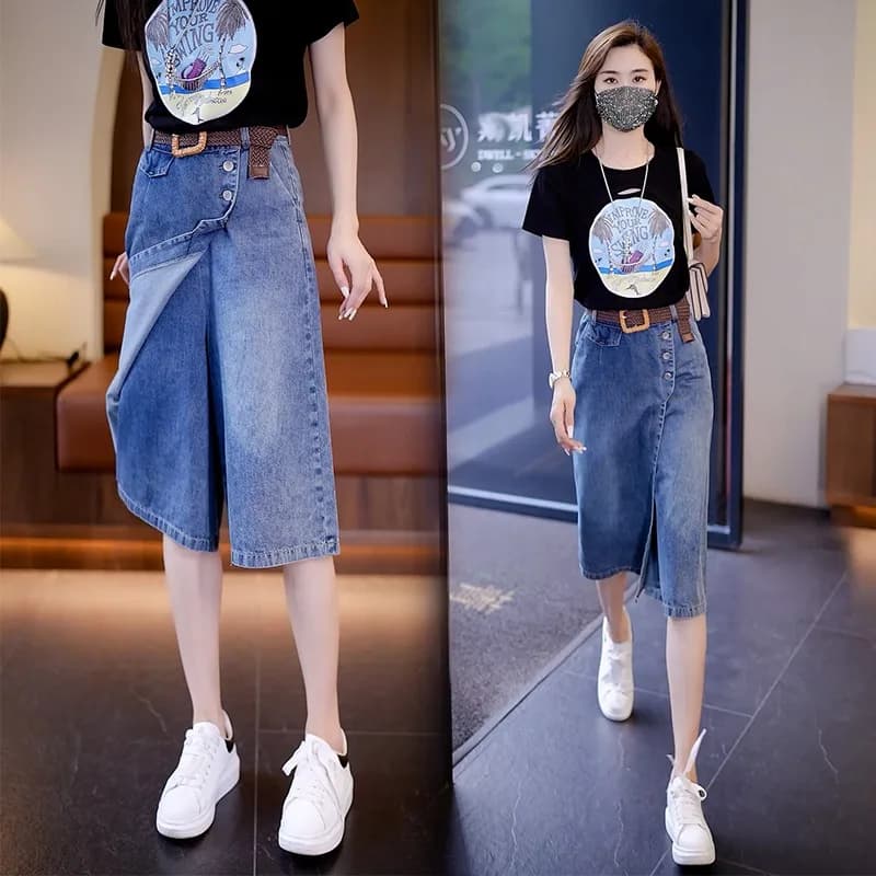 High Waist Wide Leg Short Jeans Skirt Women's Summer Seven-Foot Pants Thin Model Korean Style Commute A-Line Skirt