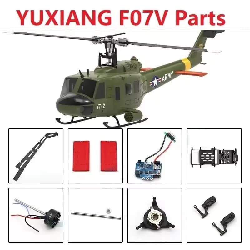 Parti per Elicottero YUXIANG F07V UH-1HUEY 1:34: Batteria, ESC, Elica Principale, Rotore Coda, Guscio, Mandrino Rotore, Piastra Principale Coda, Accessori