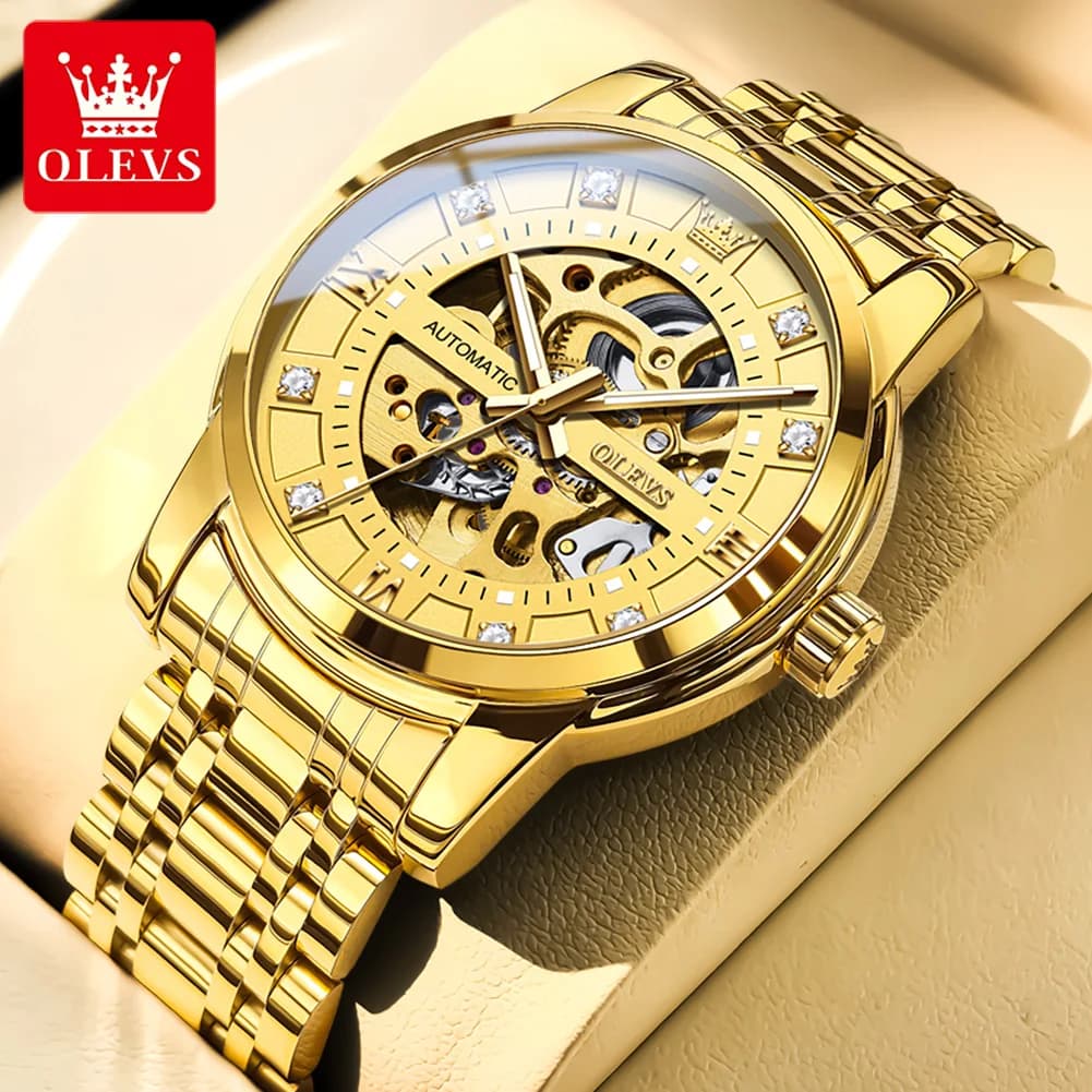 OLEVS 9901 Orologio meccanico completamente cavo per uomo Orologio da polso automatico con scala di diamanti scheletro luminoso impermeabile in acciaio inossidabile