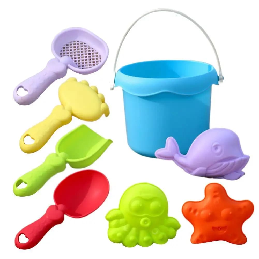 Mini set di giocattoli da spiaggia, pale, secchielli e stampi a tema marino per bambini, kit per costruire castelli di sabbia, giocattoli da spiaggia per esterni per bambini piccoli