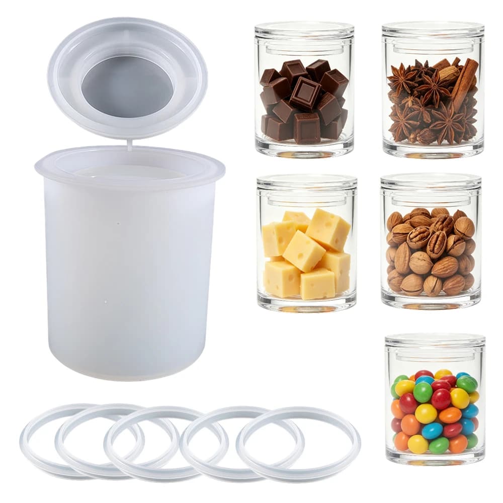 Sealed Storage Box Silicone Resin Mold With 1 Lid 5 Rings Vase Pen Holder Bottle Jar Cylinder Epoxy Casting Molds for Candy Cup
