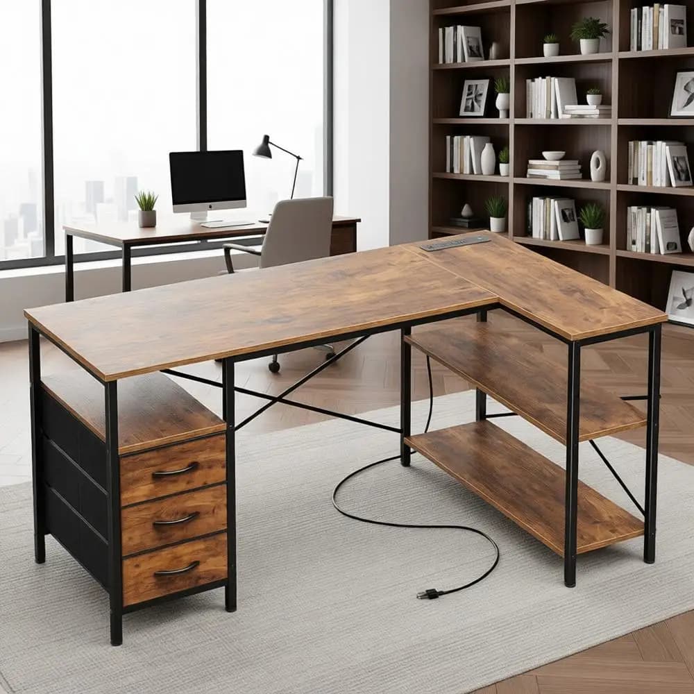 Scrivania a L rustica marrone da 47 pollici con prese di corrente, spazio di archiviazione, ideale per giochi, lavoro e studio