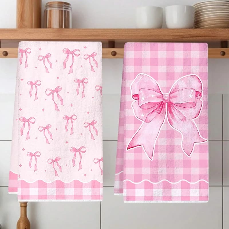 2pcs Pink Bow Kitchen Towels 40x48cm Microfiber Absorbent Dish Cloths Reusable Washable Kitchen Cleaning Towels Kitchen Decor