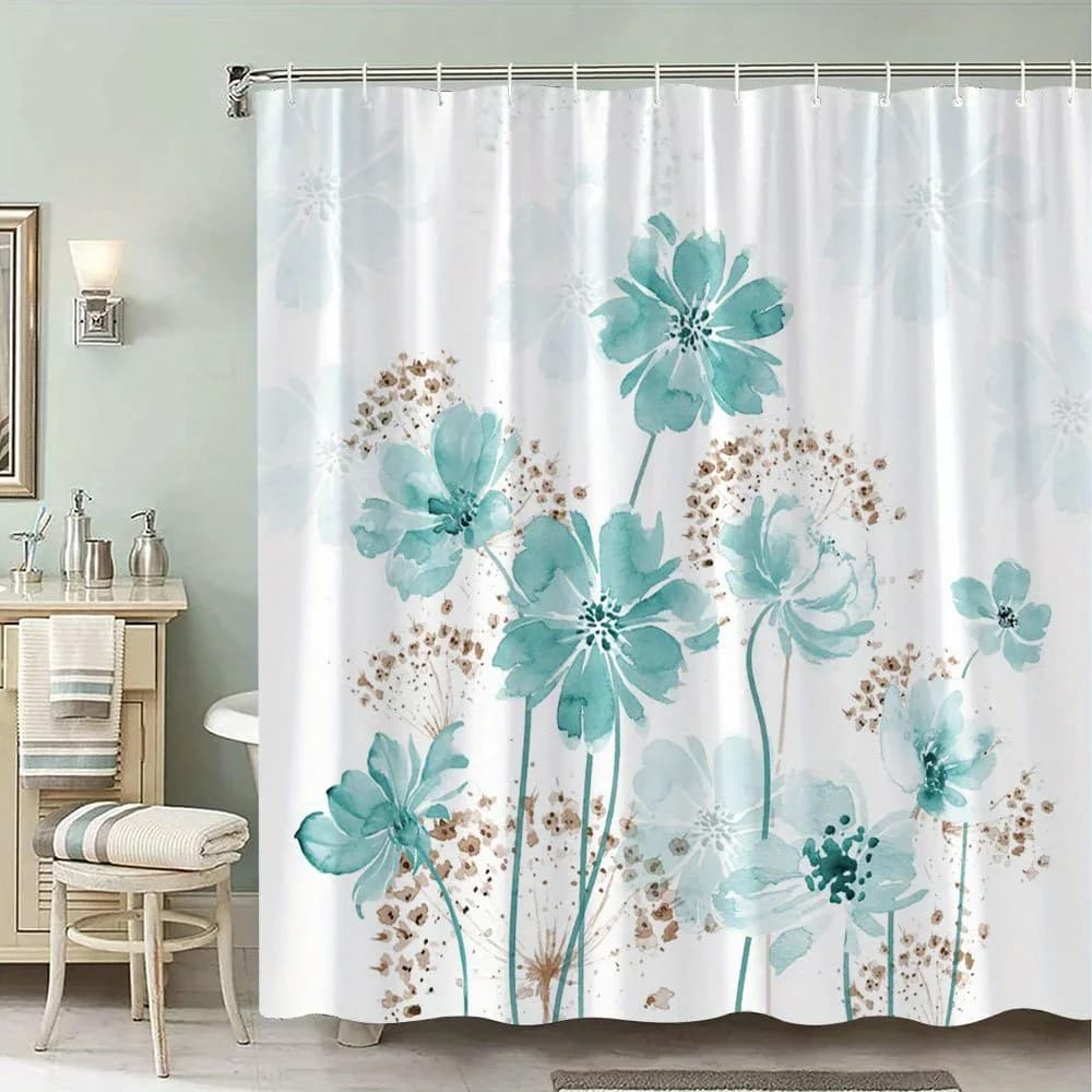 Turquoise floral shower curtain 1 piece - pale flowers, brown centers, abstract seeds pods, minimalist design, polyester