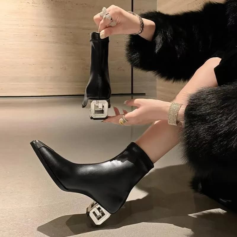 Brand Design Leather Custom V-Mouth Zipper Boots Retro Pointed Special-Shaped Heel Knight Boots Sexy Chelsea Women's Boots
