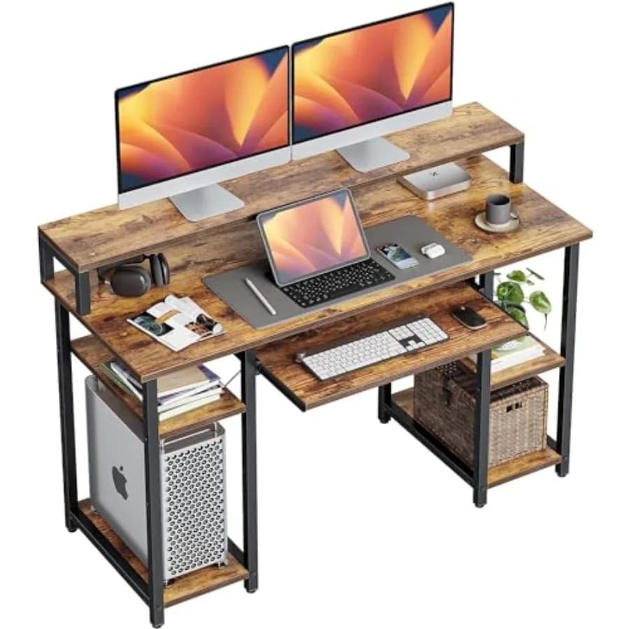 Scrivania per Computer con Vassoio per Tastiera 47 Pollici, Scrivania da Ufficio con Supporto per Monitor e Ripiani Portaoggetti, Scrivania per Studio Musicale, Postazione di Lavoro