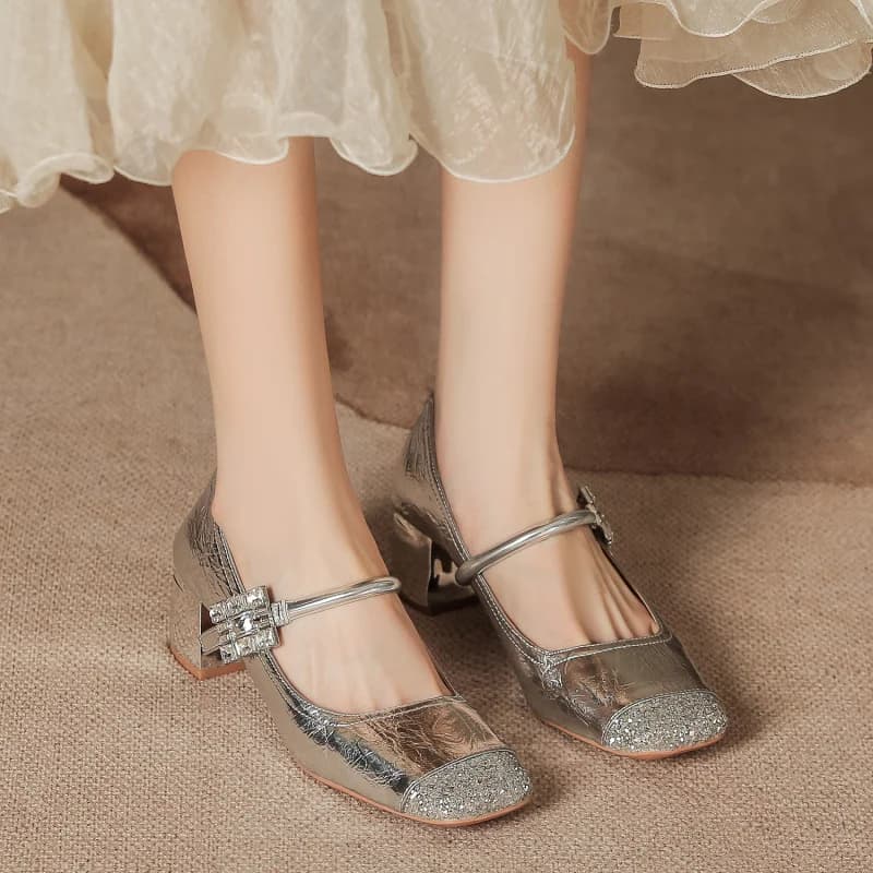 Scarpe Mary Jane con tacco grosso e punta quadrata in argento con strass, da donna, estive, di alta gamma, per l'uso quotidiano con gonne