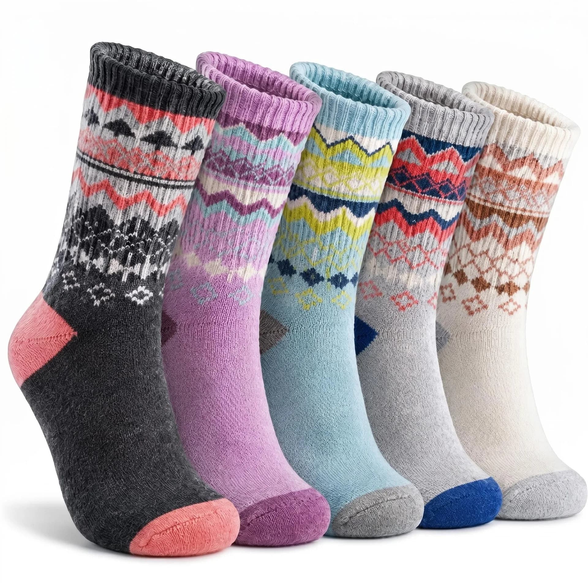 5 Pairs Women's Thick Warm Mid-Calf Socks Ethnic Retro Knitted Woolen Tights Colorful Cross Patterned Hiking Winter Cozy Socks