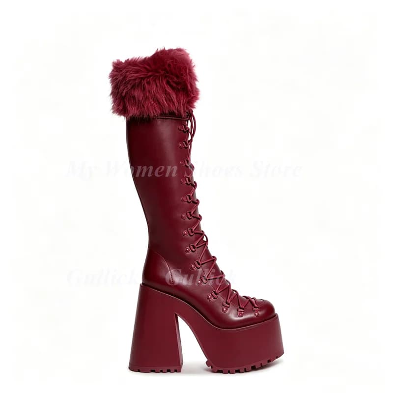 Burgundy Thick Sole Knee High Boots Platform Lace Up Fur Chunky Heel Handmade Runway 2026 Winter Autumn Women Dress Shoes