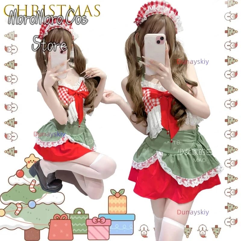 Simpatica cameriera seducente pura fragola ssiSet con abito corto con scollo all'americana per outfit cosplay di Natale Personaggio del gioco anime