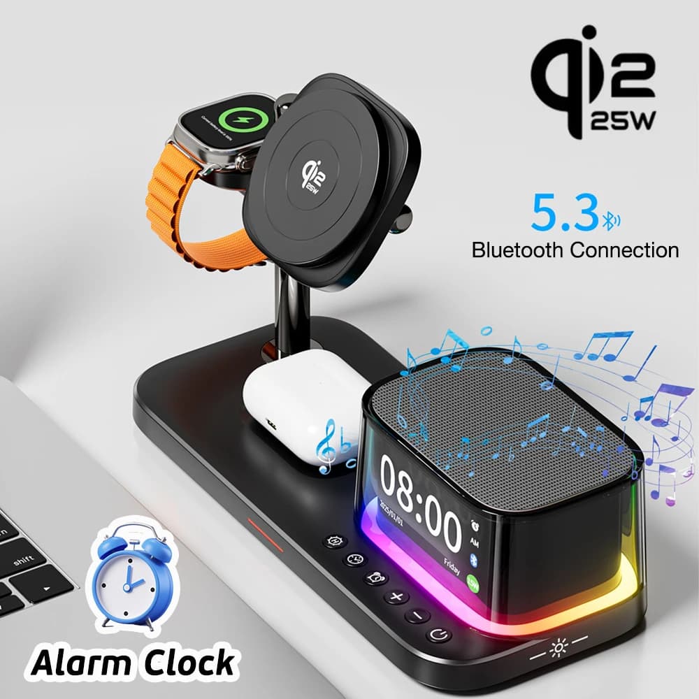 Altoparlante Bluetooth 5.3 5 in 1 Qi2.2 Caricabatterie wireless veloce magnetico da 25 W con sveglia per iPhone 17-12 Apple Watch Airpods Pro