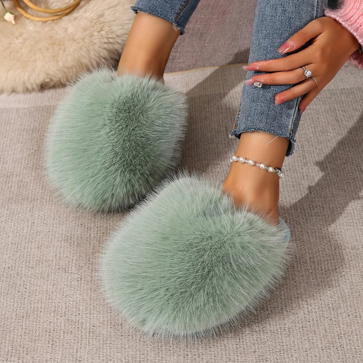 Pantofole Calde e Morbide Verdi, Ciabatte Baotou da Donna, Pantofole Invernali in Finta Pelliccia, Scarpe da Casa, Nuove Scarpe alla Moda con Suola Morbida 2026