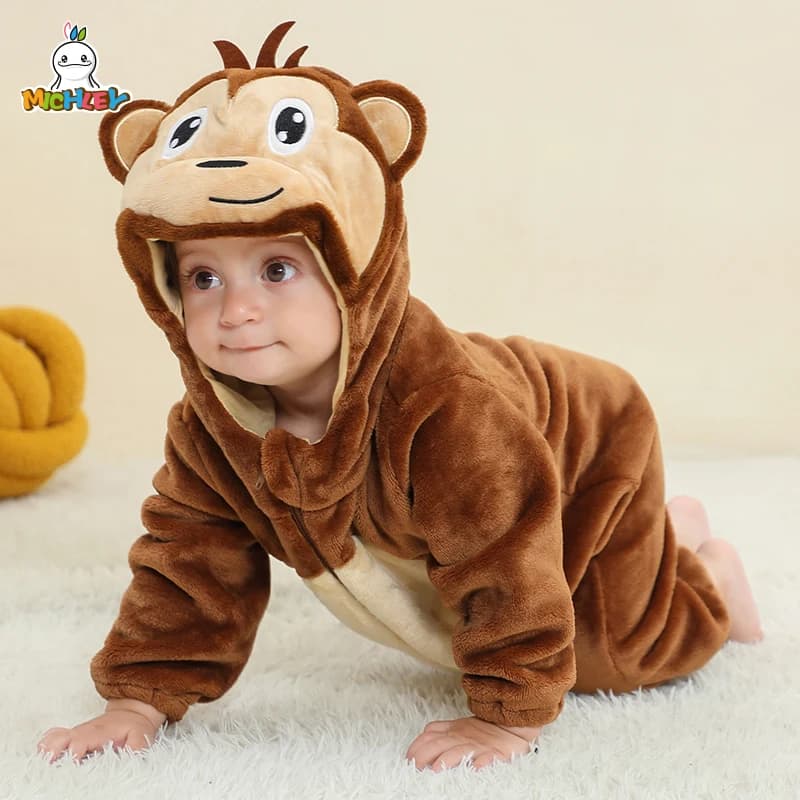 MICHLEY Tutina Invernale per Neonati a Tema Cartone Animato, Pigiama con Cappuccio a Forma di Scimmia per Bambini e Bambine, Tuta Animale
