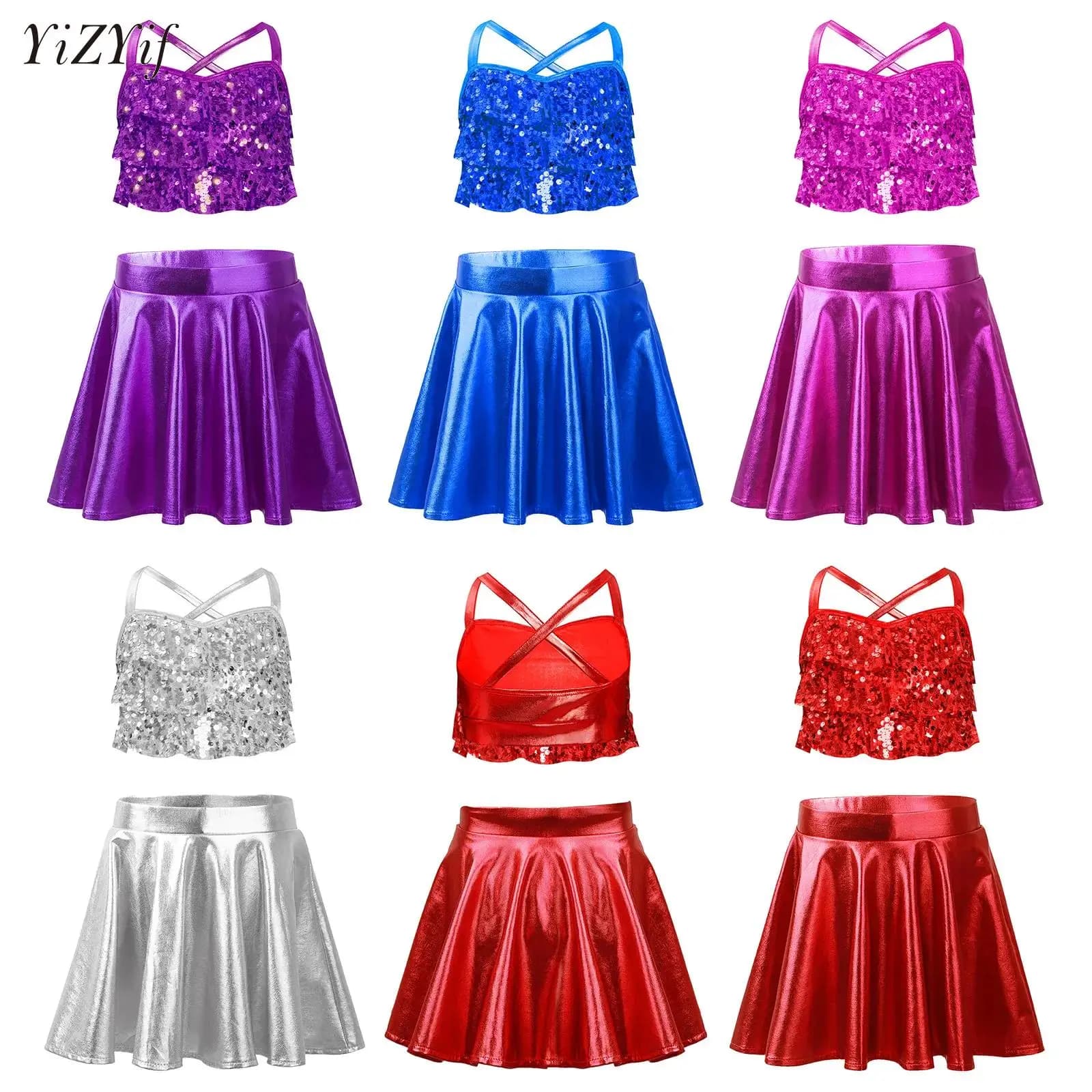 Set di abiti da ballo latino jazz da 2 pezzi con paillettes per bambina, set di top corto metallico con gonne a pieghe, costume da ballo per balletto