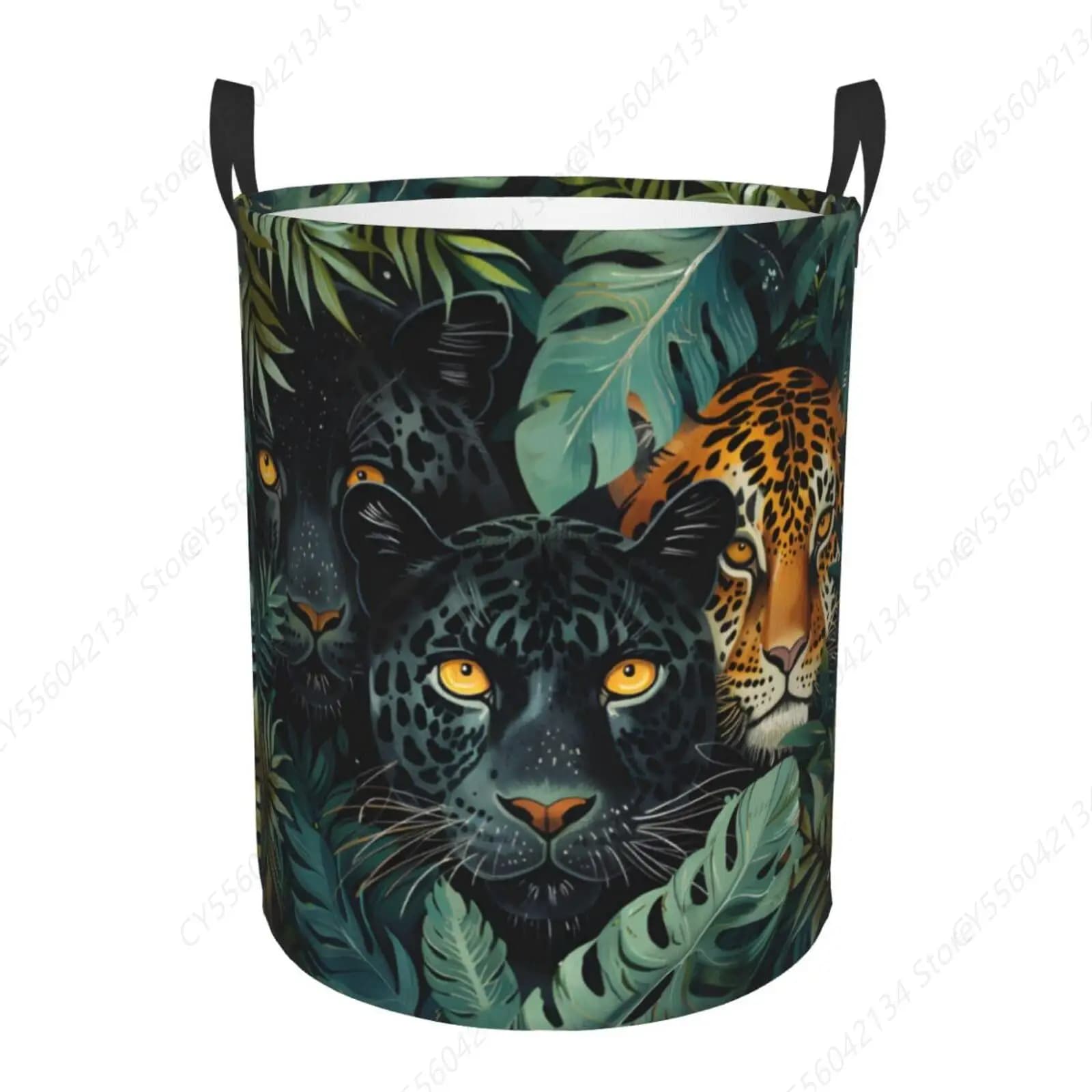 Bed linen basket with black leopardata tiger in leaves, waterproof linen basket, foldable container in fabric, for laundry / toys