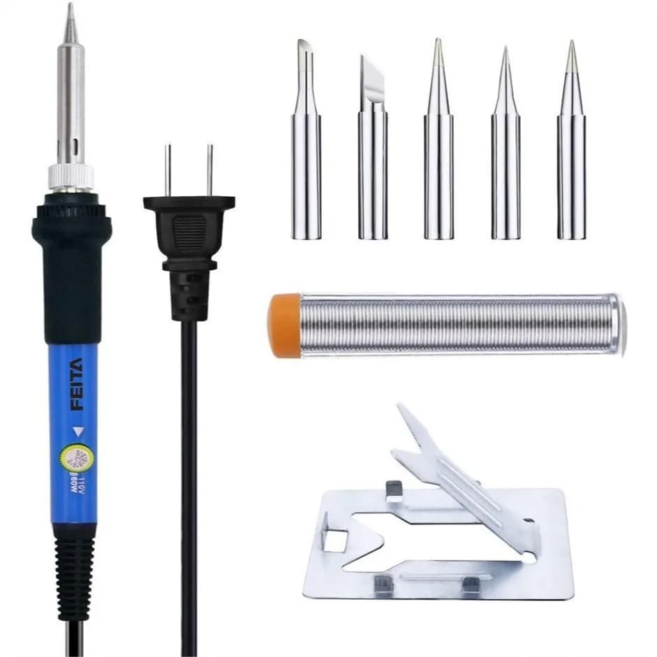 Kit Saldatore per Elettronica - 60W con Temperatura Regolabile, 5 Punte, Supporto e Filo di Saldatura per Riparazione Schede Elettroniche