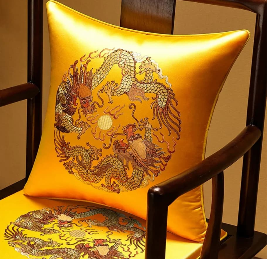 Chinese Style Dragons Embroidery Throw Pillow High‑Density Satin Cushion Sofa Chair Decorative Pillows 45x45cm/50x50cm