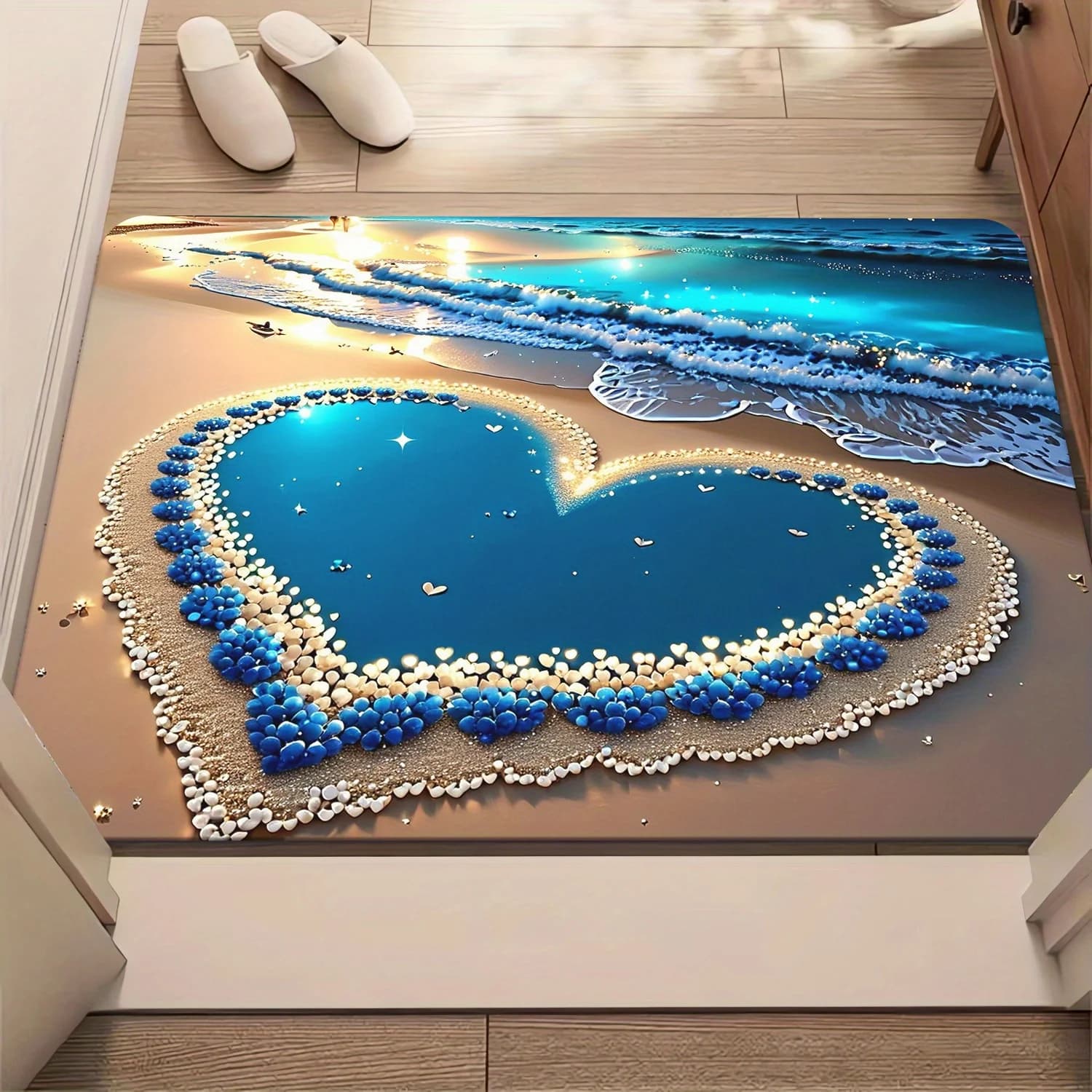 Beach Heart Bath Mat Ocean Wave Floor Mat Non Slip Bathroom Rug Soft Carpet Welcome Mats for Front Door Home Decor