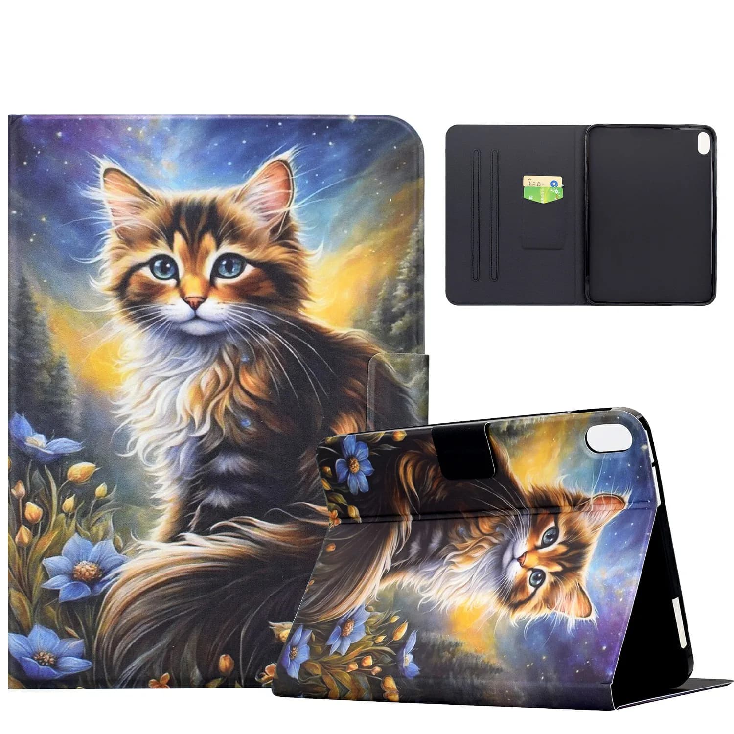 Custodia per iPad mini (2024) / (2021) con stampa fantasia, supporto e slot per carte - Gatto Notte Stellata