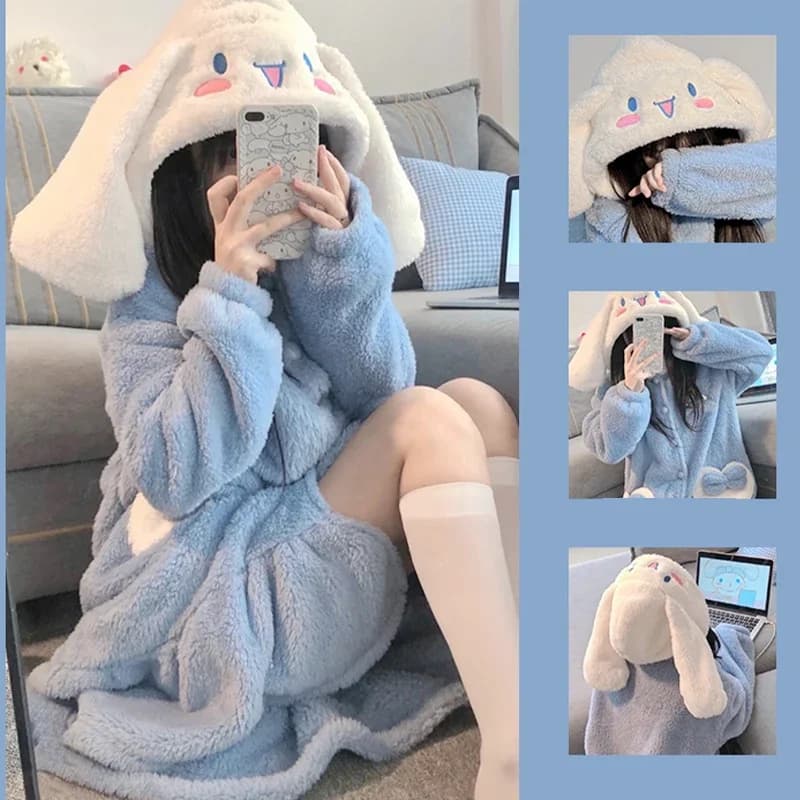 2 pieces Hello Kittys plush pajamas set cartoon Kuromi Cinnamoroll nightwear with hood girls style long robe thickening clothes for the house