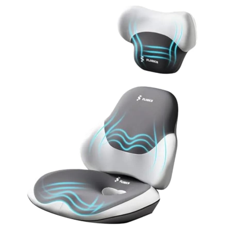Cuscino per sedia da ufficio con supporto lombare e kit cuscino poggiatesta in memory foam grigio per lunghe sedute e guida, contro la sciatica