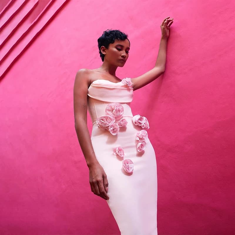 Abito lungo aderente con fasciatura floreale senza spalline sexy da donna di colore rosa rosso con spalle scoperte Festeggia l'abito da sera alla moda